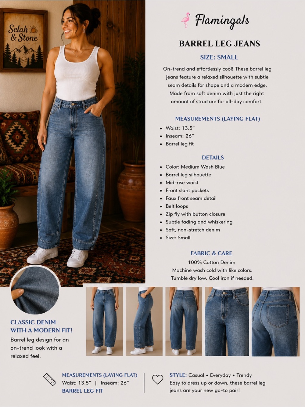 Flamingals Medium Wash Blue Barrel Leg Jeans - Women
